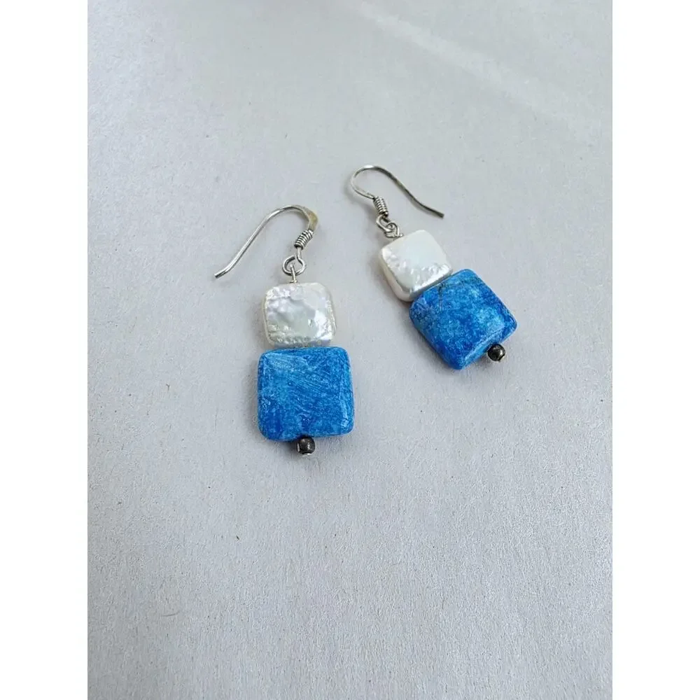 New Sterling Silver Dangle Earrings White Pearl Silver Blue Stone Stamped 925‎